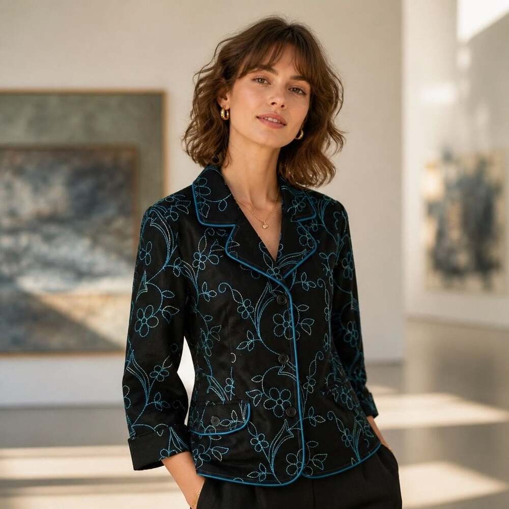 Maggie Sweet Black & Blue Floral Embroidered Button-Down Jacket Petite 1X